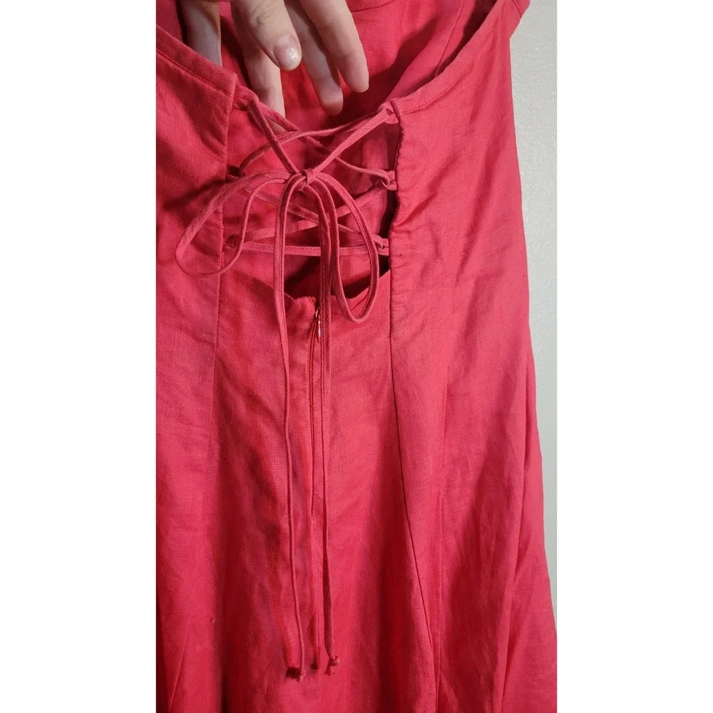 Karen Alexander Boston Proper Red Linen Halter Maxi‎ Dress Lace Back L - Picture 4 of 10